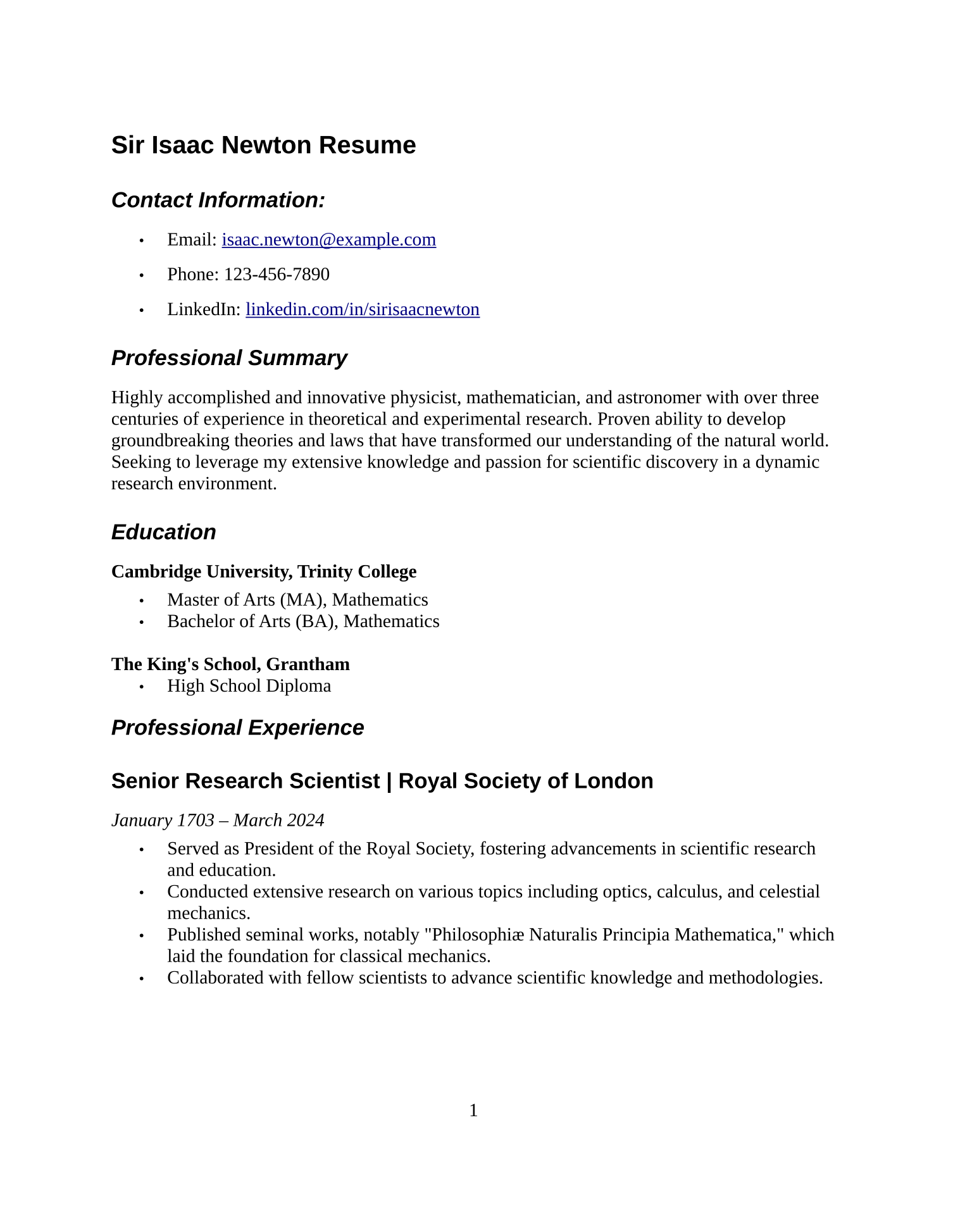 Sir Isaac Newton resume page 1